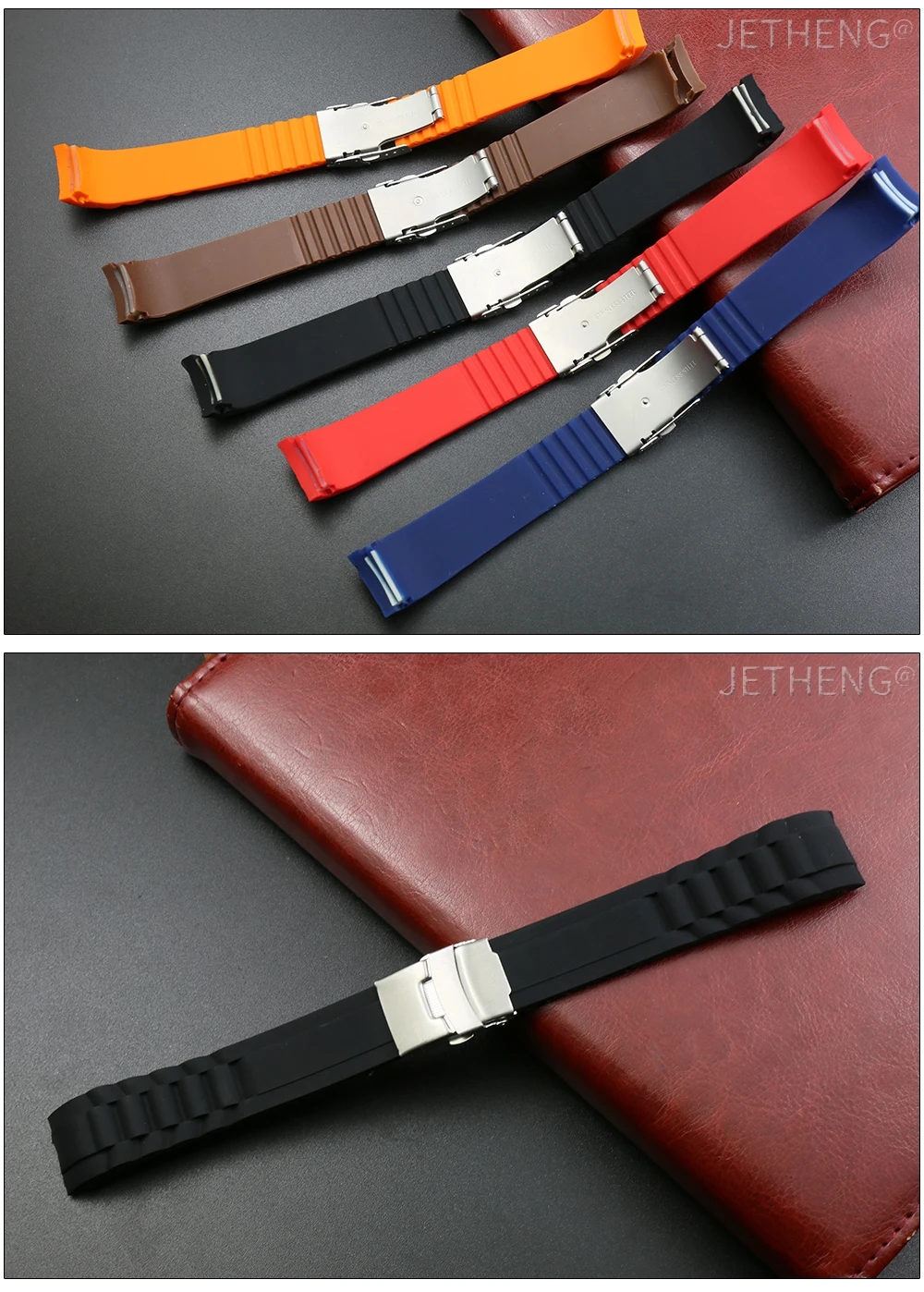 Silicone sports curved strap- black, white, orange, dark blue, brown and red, size 22mm, 24mm