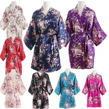 

Flower&Cherry Kimono Bathrobe Women Satin Sleepwear Sexy Mini Bride Bridesmaid Wedding Robe Dressing Party Gown