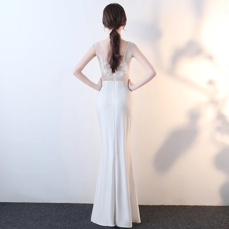 Модное белое перспективное сексуальное Cheongsam Современная Femme глубокий v-образный вырез платья Qi Pao женское китайское вечернее китайское платье-Ципао хост платье