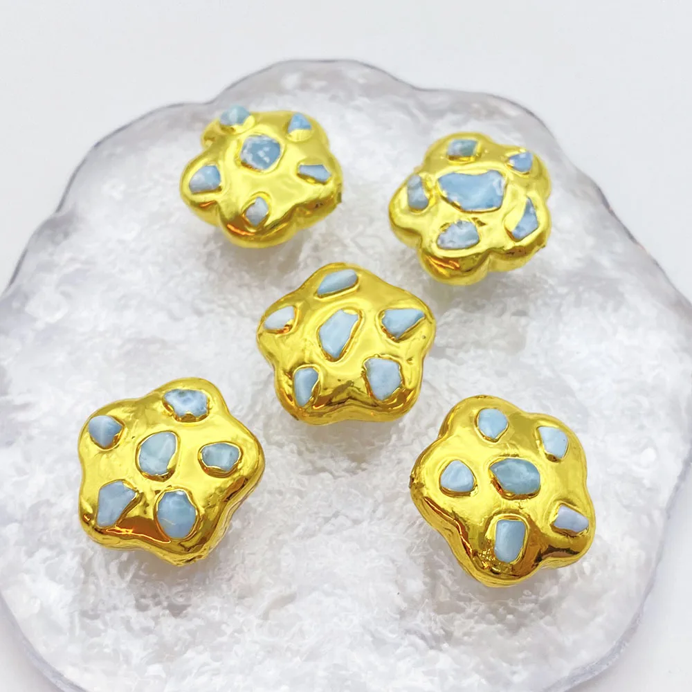 5pcs Natural Larimar Chip Gemstone Gold Plated Copper Connector Spacer Bead Plum Shape DIY Bracelet Necklace Pendant