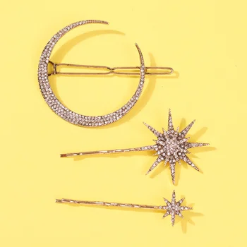 

3PCS Fashion Rhinestone Hairpins Moon Seven-point Star Hair Clips Alloy Bang Clips Bobby Pins for Women Girls
