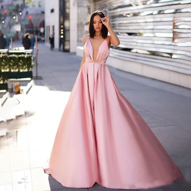 

Sexy Pink A-Line Prom Evening Dresses 2020 Vintgae Spaghetti Backless Formal Party Gown Cheap Plus Size Gowns Celebrity Dresses