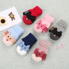 Детские перчатки с милым медведем из мультфильма, зимняя вязаная шерстяная одежда, варежки для новорожденных, бархатные толстые теплые перчатки для детей 0-3 лет