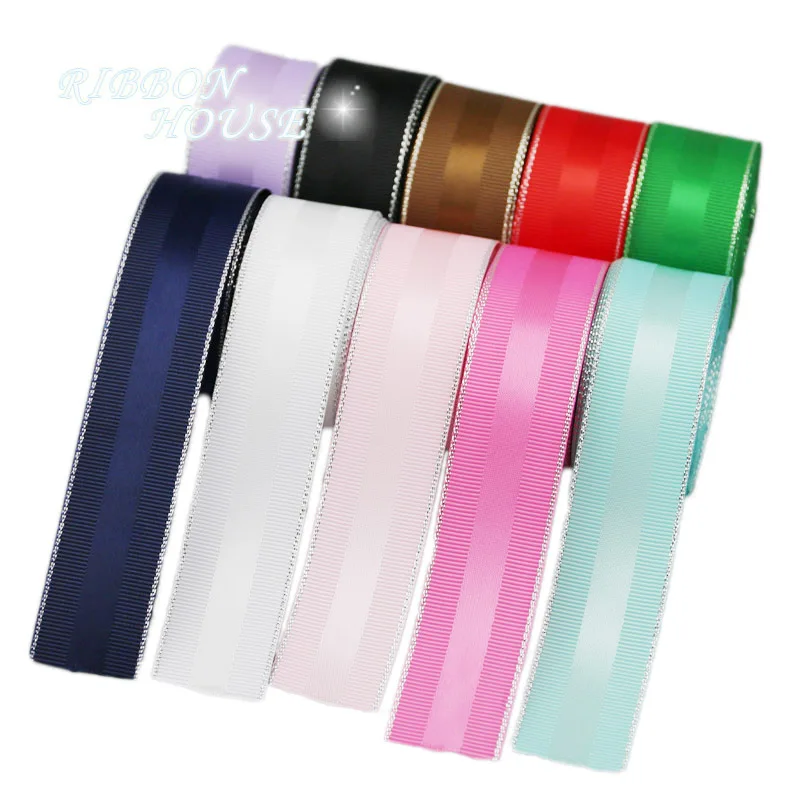

(5 meters/lot) 25mm silver Edged Grosgrain Ribbon an Lace Wholesale Gift wedding Christmas ribbons