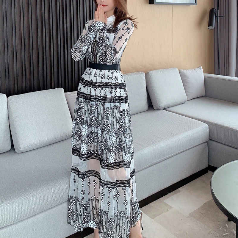 

Self-Portrait Style Long Sleeve Daisy Flower Embroidery Mesh Maxi Dress 2019 Autumn Women Turn Down Collar Sequins Long Dress