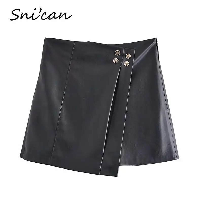 블랙 Pu 가죽 반바지 스커트 여성 버튼 비대칭 미니 섹시한 팔다 Mujer 사무실 숙녀 하단 Pantalon Capris 2022 새로운