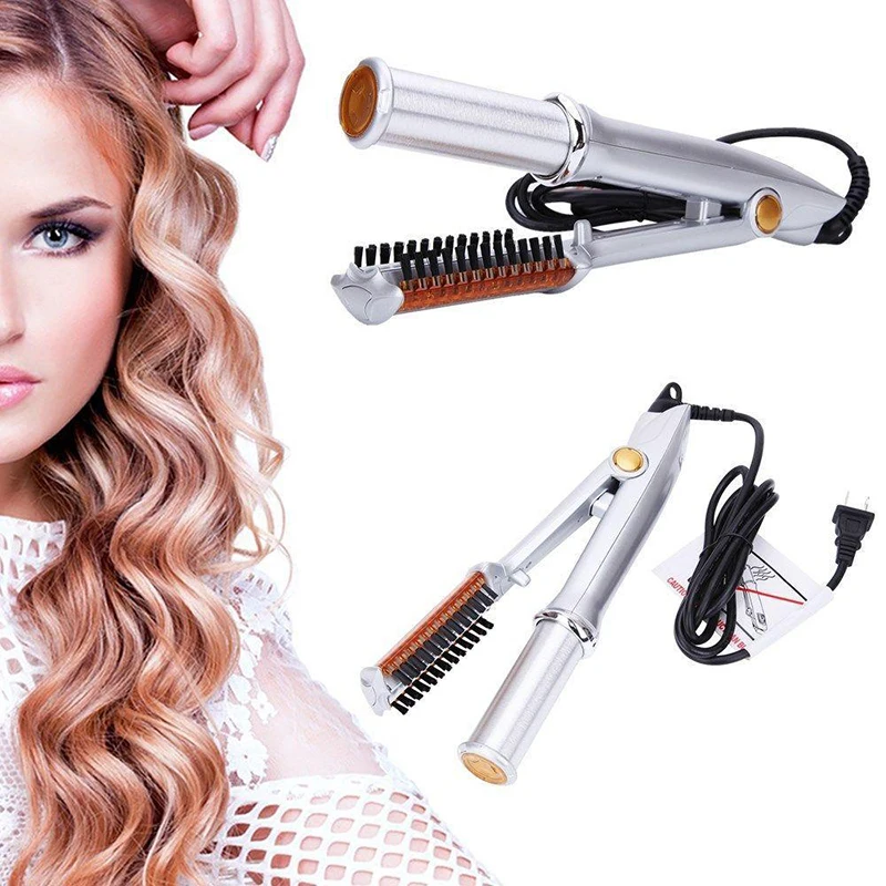 

Hair Curler and Straightener Professional Hair Styling 2 in 1 Hair Styler Silver Rotating Hair Brush Straightening Curling Iron