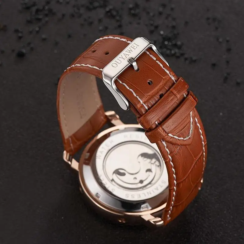 Hot Sale OUYAWEI Leather Automatic Multi-function Men's 30m Waterproof Mechanical Watch Luxury Brand Men Fashion Watches