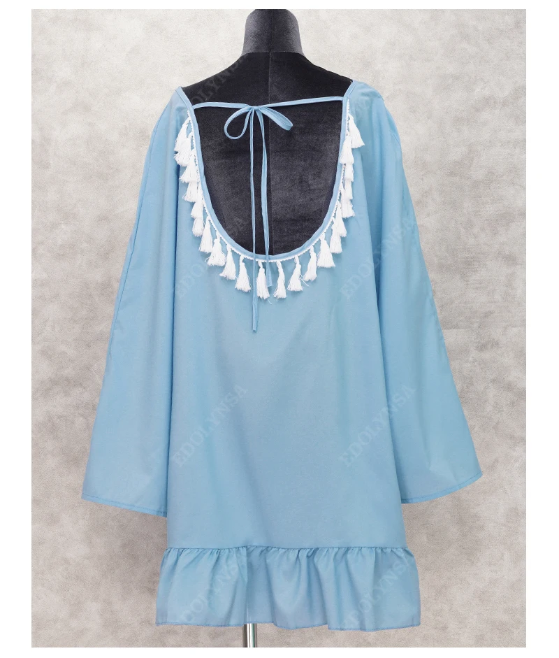 Beach Cover Up Women Plus Size Beachwear Sexy Open Back Summer Beach Dress vestido de playa Blue Cotton Tunic pareo plage A341