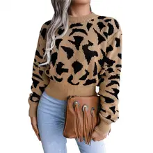 

Leopard Women Knitted Sweater Autumn Winter Animal Print Thick Long Sleeve Female Pullovers Casual Tops for Daily Wear