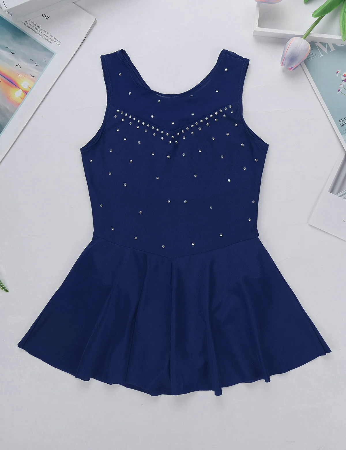 TiaoBug Kids Teens Sleeveless Sparkly Rhinestone Tulle Figure Skating Dress Gymnastics Leotard Girls Ballet Costume Dance Wear