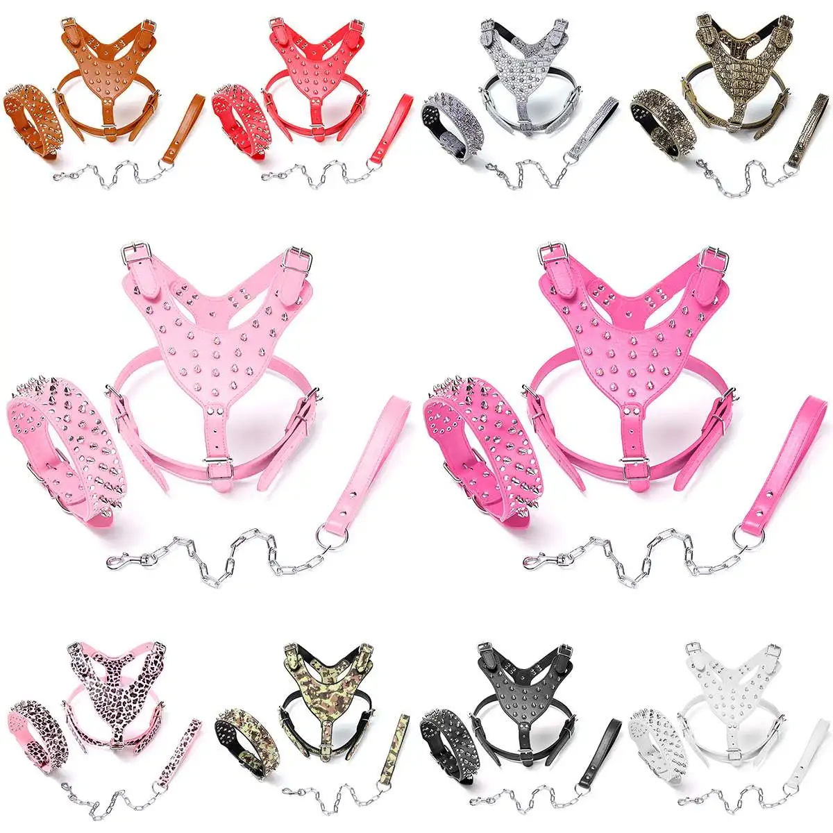 

M Size Leather Dog Harness+Collar+Leash with Handle Set Ajustable Pet Dog Collars Dog Hard Rivet Set Pet Dog Straps