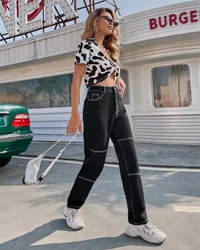 Jean taille haute pour femmes, pantalon en Denim noir ample, jambes larges avec poches, tellement Long et droit, décontracté, 2022 