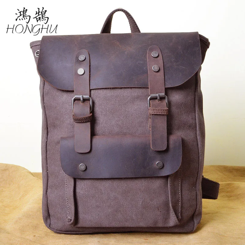 

New Style Hot Sales with Leather Backpack Retro Casual MEN'S Backpack Canvas Bag School Bag