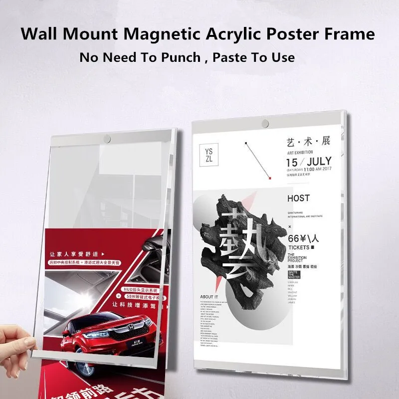 A5 148x210mm Wall Mount Self-Adhesive Magnetic Acrylic Photo Picture Poster Frame Sign Holder Display Board