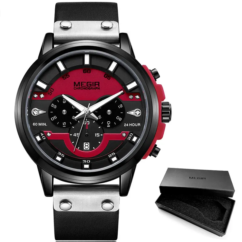 MEGIR Новые мужские кварцевые часы с хронографом Relogios Masculino с кожаным ремешком военные спортивные наручные часы 2080 синий - Цвет: ML2080G-Red