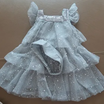 

2020 Vestidos Girls Summer Dress Lace Thin Star Mesh Princess Dress With Hair Band 2pcs Children Beautiful Dresses