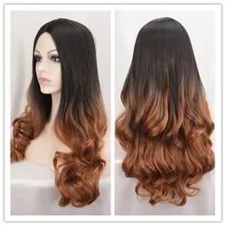 SuQ Women's Long Wavy Wig Hair Synthetic Natural Cosplay Party Long Ombre Black To Brown Heat Resistant Daily Wigs For Women