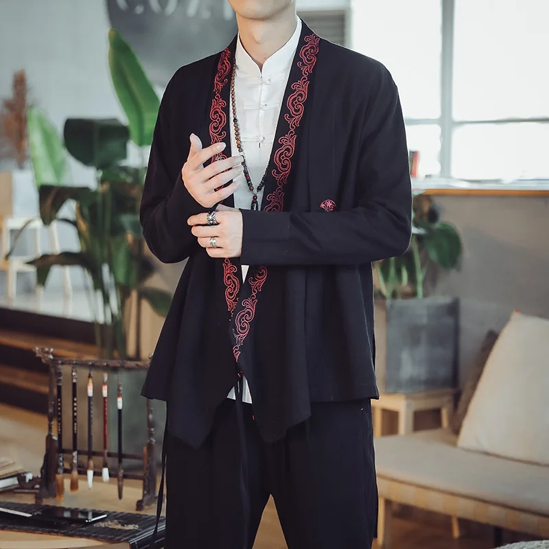 Китайский модный стиль для мужчин Топ традиционный костюм в стиле династии Тан одежда свободная Вышивка кимоно Мужская рубашка пальто Макси M-5Xl KK3183