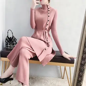 

3 piece set women fashion autumn new style temperament solid color knit top wide leg pants suit elegant three-piece