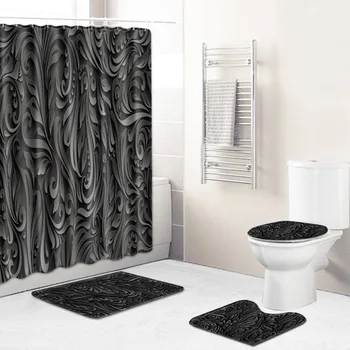 

ONGLYP 4pcs Bathroom Curtain Set Luxury Design Shower Curtains with Hooks Non Slip Bath Mat Toilet Cover Rugs Mat Home Decor