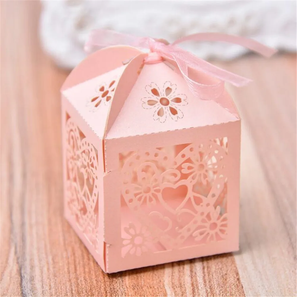Продвижение дизайн сердца лазерной резки свадьба, сладости подарочная упаковка для конфет коробки с лентой украшения стола - Цвет: Pink