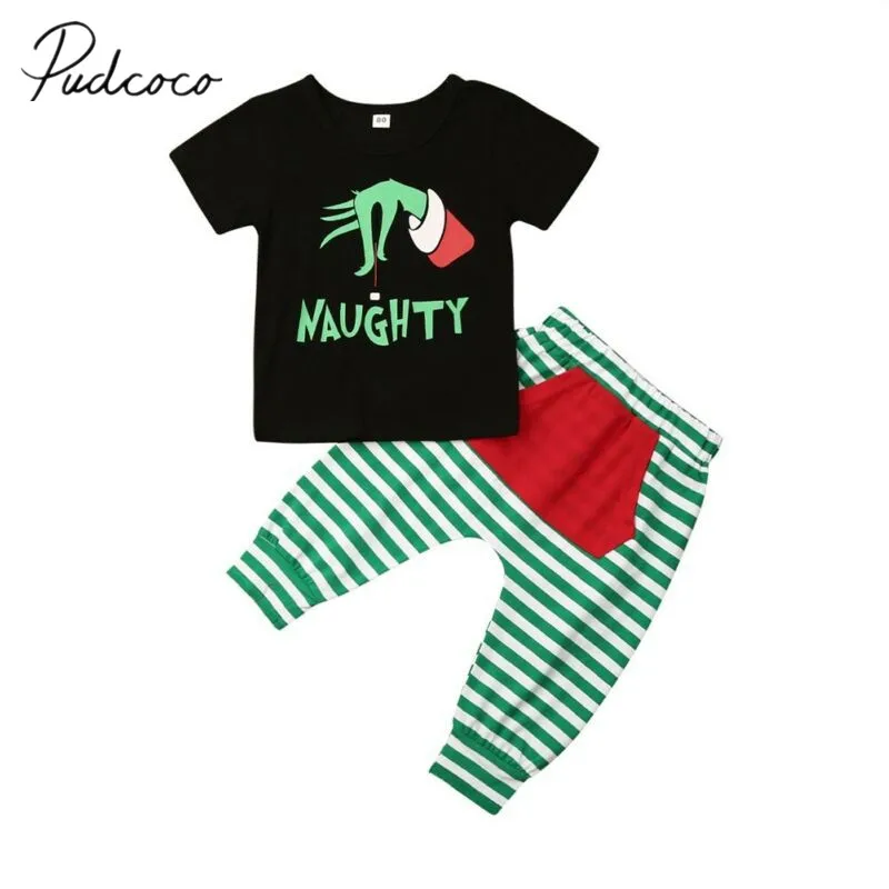

2019 Baby Spring Autumn Clothing 1-6Years Baby Boy Girl Kid Xmas Outfit Short Sleeve Shirt Stripe Pocket Patchwork Pants Clothes