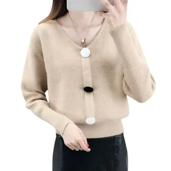 

Women Autumn Winter Solid Color Button Slim Long-Sleeved V Collar Slim Bottom Knit Sweater NEW