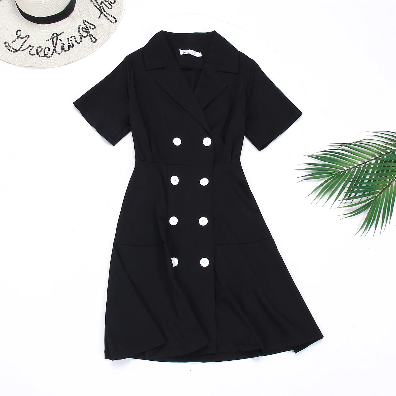 

Summer New Short Sleeve Slim Suit Dress Lapel Double-breasted Women Dress Elegant Office Lady Black Dress 2019 Roupa Feminina