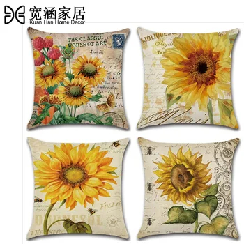 

4pc New Hand-Painted Sunflower Flower Linen Cushion Cover 45X45cm Pillow Case Home Decorative Pillows Cover For Sofa Car Cojines