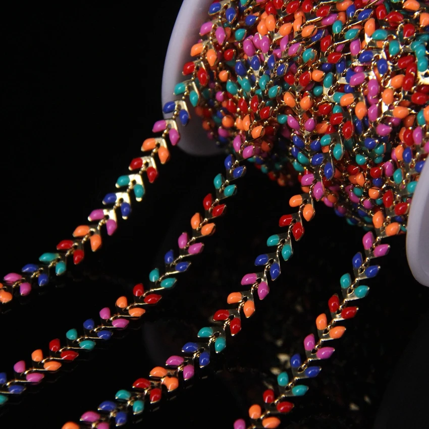 

5Meter Colorful Enamel Fishbone Beaded Choker Copper Plated Gold Chains,Lampwork Chevron Link Rosary Chain Necklace Jewelry Bulk