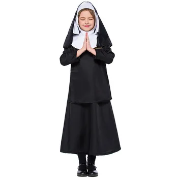 

cosplay Girls Halloween Nun Costume Black Hooded Shawl Gown Dress Set Fancy Catholic Cloak Cape Uniform For Baby Child S-XL