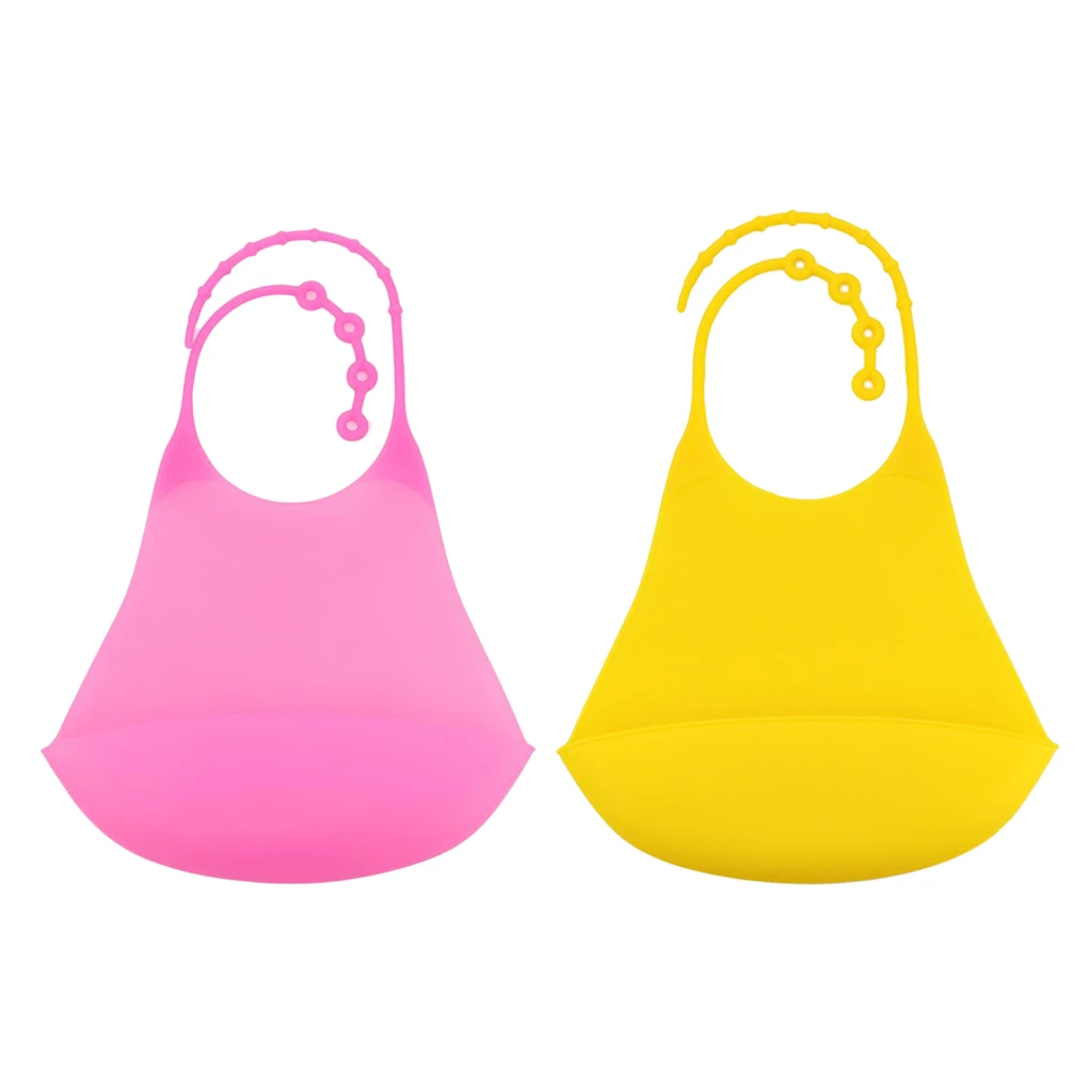 Adult Silicone Bib Clothing Protector Waterproof +Crumb Catcher Pink +Yellow