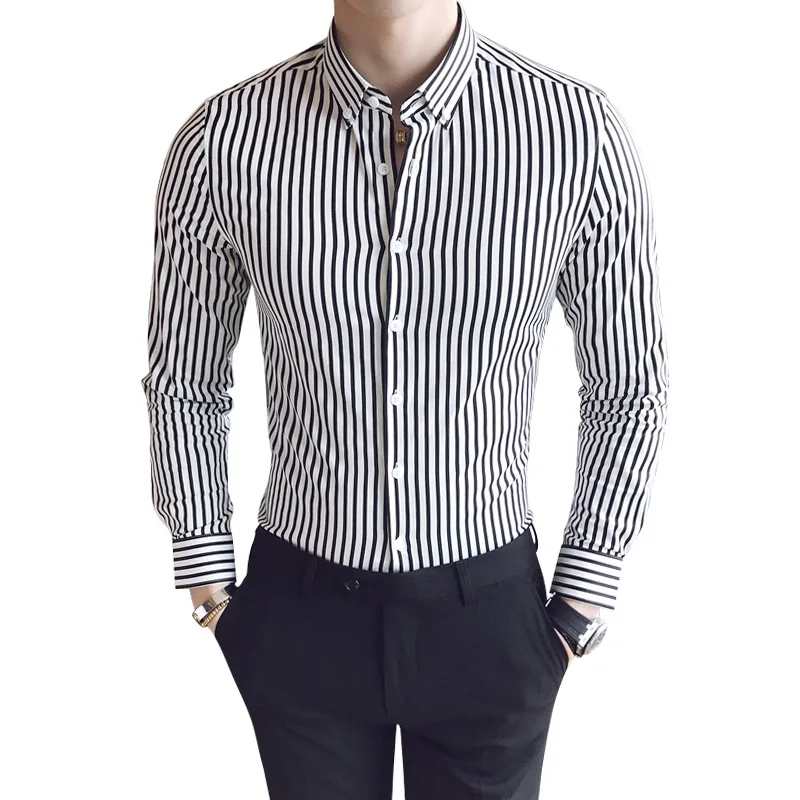 Slim Fit городской стиль мужская полосатая рубашка Модная хлопковая городская мода