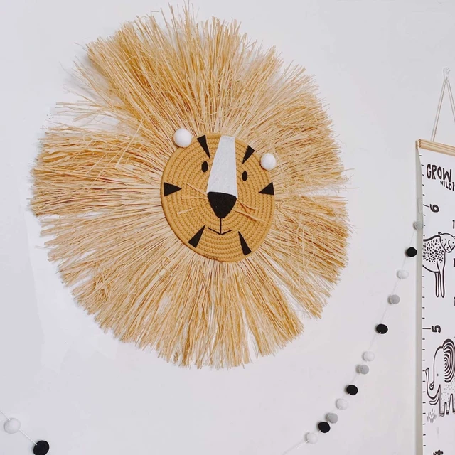 Cartoon Lion Hanging Decorations Handmade Cotton Thread Weaving Animal Head Ornament Kids Room Wall Home Accessory 60cm 3