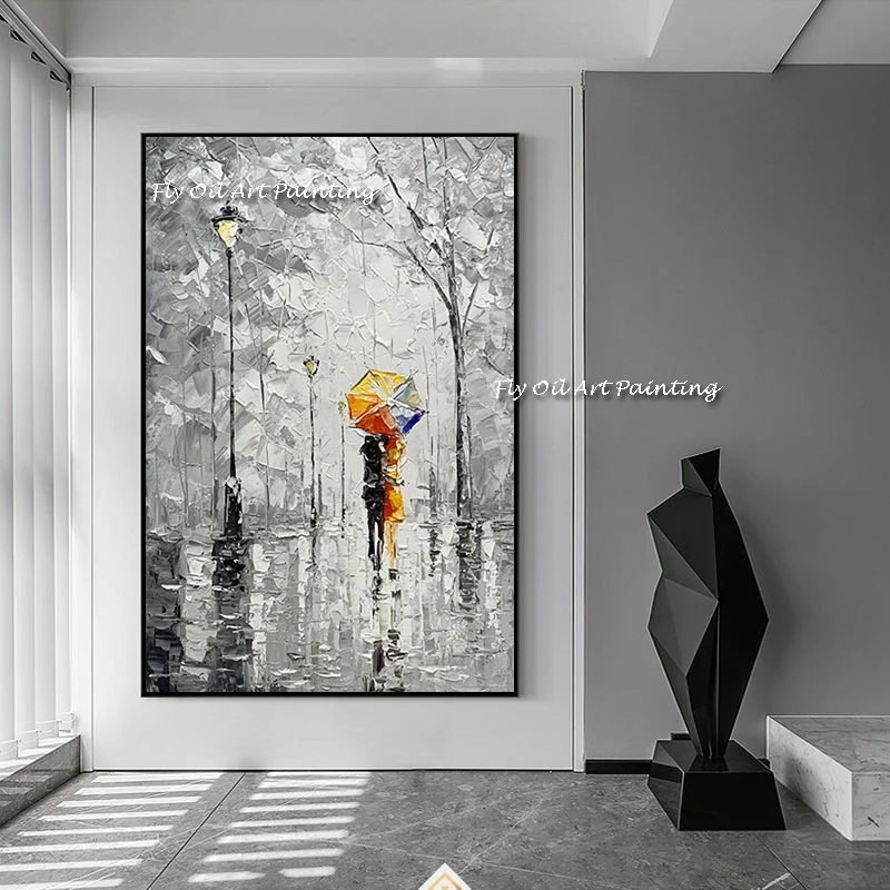

Large size people walking on street art painted canvas 100% handmade oil painting no frame grey art on canvas wall decor picture