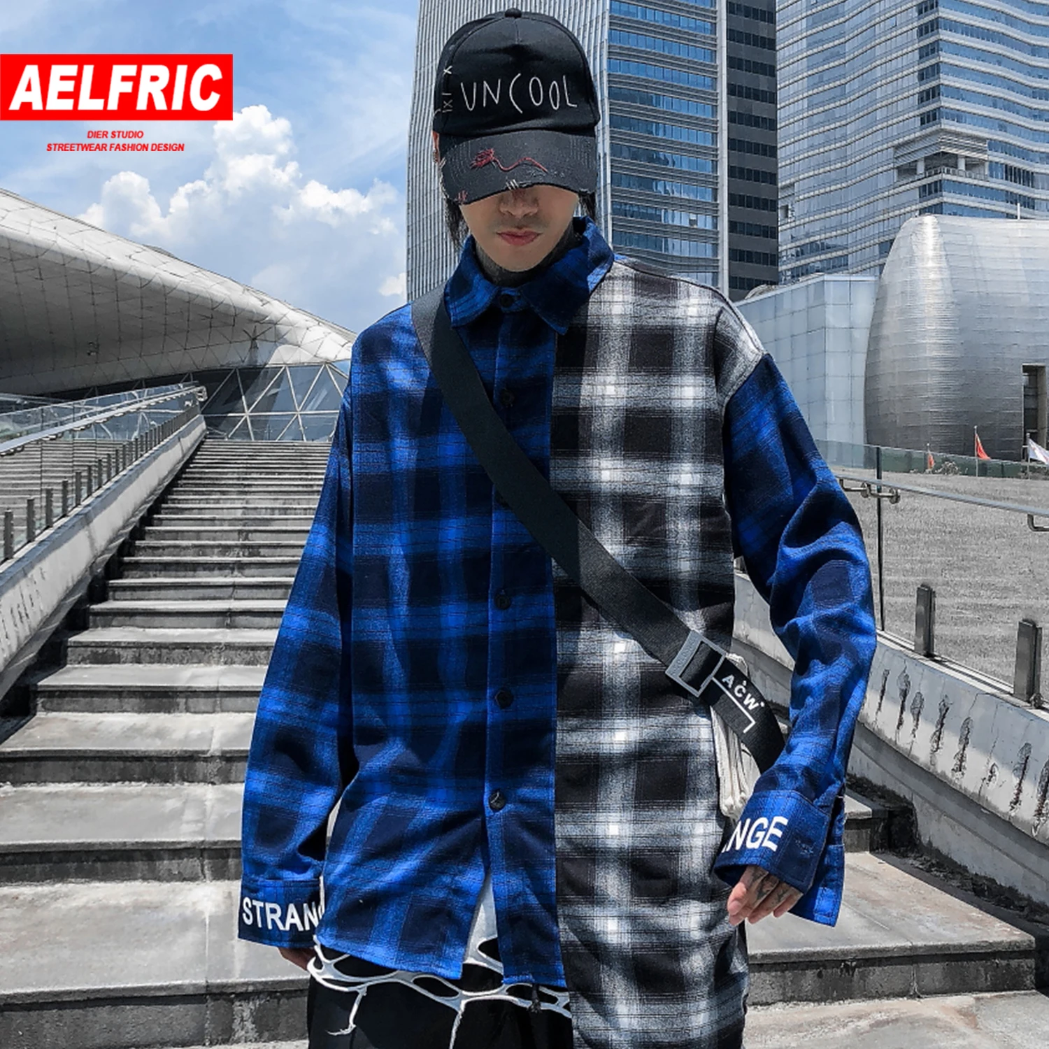 

AELFRIC Fashion Plaid Irregular Patchwork Mens Shirts Hip Hop Harajuku Streetwear Letter Printed Tops Casual Cotton Long Sleeve