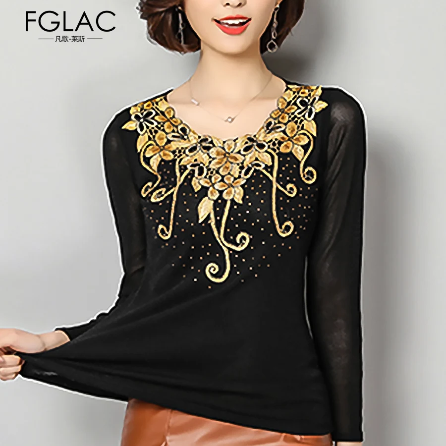 

2019 autumn new printing hot drilling bottoming shirt long sleeve mesh elegant blouses women tops blusas