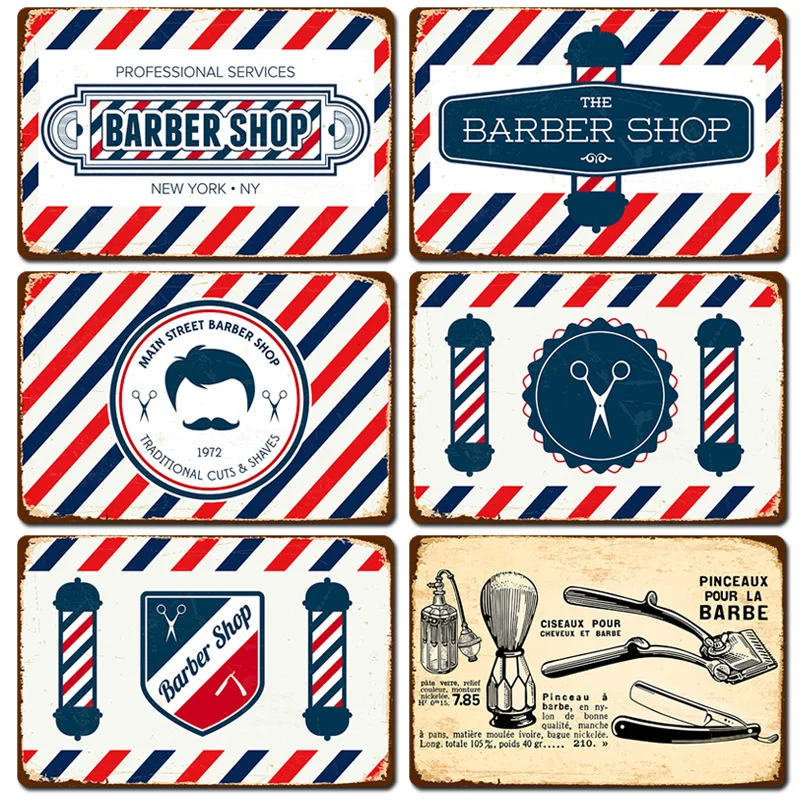 

European Style Barbershop Indoor Tin Plate Poster Metal Plaques Barber Tools Tin Sign Art Painting Shabby Retro Wall Stickers