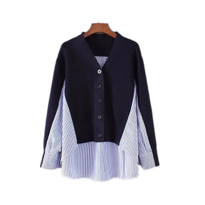 dark blue PEONFLY Новинка осень зима женские Свитера леопардовый v-образный вырез однобортный длинный рукав Повседневный кардиган средней длины топы - Цвет: dark blue