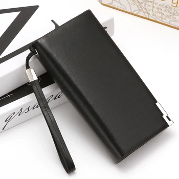 

Men Fashion Bifold Coin Purse Long Zipper Solid Color Wallet with Lanyard Great Designed PU Leather Portable Card Pack