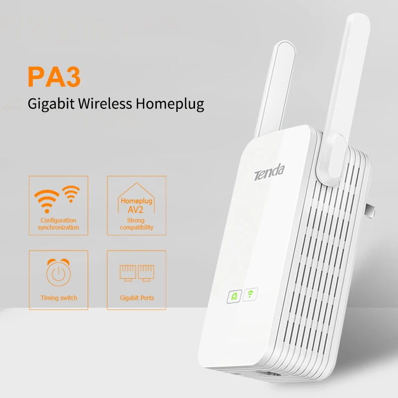 Tenda PA3 1000Mbps Wireless Powerline Adapter PLC Ethernet Wifi Extender Compatible with PH3/PH15 Plug and Play Homeplug AV2