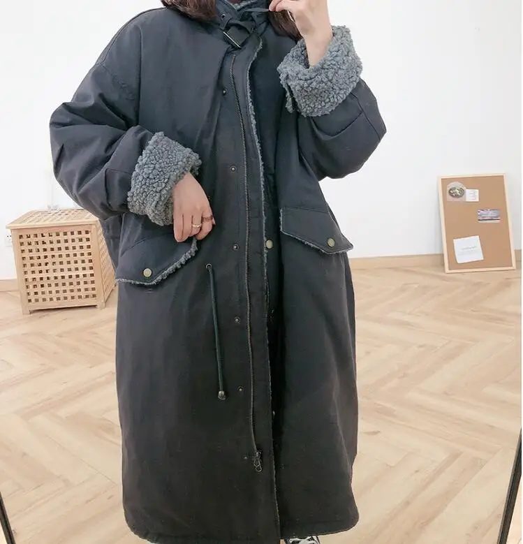 Gray Зимнее пальто из овечьей шерсти, длинный плотный Свободный теплый кардиган, куртка для женщин - Color: Gray