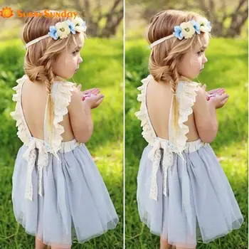 

2020 Hot Top Girls'Sleeveless Lace Dress Princess Kids Knee-Length Clothing Ball Gown Backless Mesh Dresses For Wedding Party