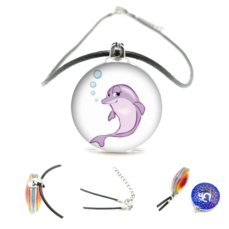 

2020 New Dolphin Play Double-sided Pendant Necklace 25mm Glass Cabochon Black Leather Cord Necklace Men and Women Jewelry Gifts