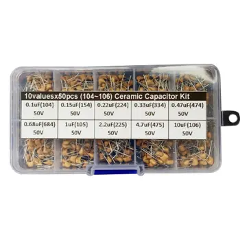 

500PCS 10Values x 50 0.1uF~10uF (104~106) Multlayer Ceramic Capacitor Assorted Kit Set with Plastic Box