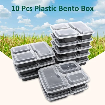

10 Pcs Reusable Bento Box Meal Storage Food Prep Lunch Box 3 Compartment Reusable Microwavable Containers School Food Container