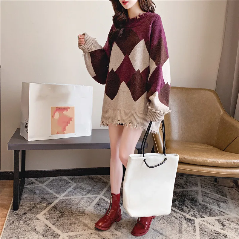 Женские Геометрические вязаные свитера больших размеров с длинным рукавом, винтажные женские модные пуловеры, зимние толстые Стильные топы синего цвета - Цвет: Purple