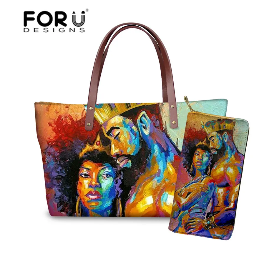 YQ3007ALZ21 FORUDESIGNS бренд класса люкс дизайн Сумки женский, черный арт в африканском стиле, для девочек, 2 предмета в наборе, шт./компл. ручная сумка& кошелек женские сумки с верхней ручкой - Цвет: YQ3007ALZ21