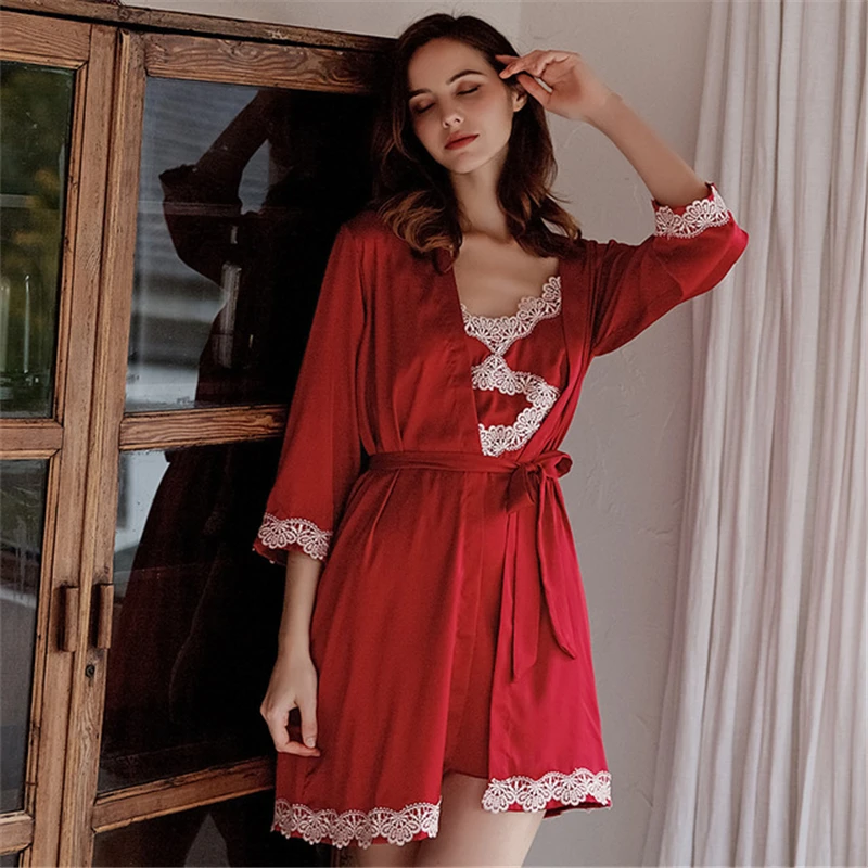 Red Sleepwear ice silk sling female Korean lace sling sexy nightware suit home service new arrival party Nightgown long robe